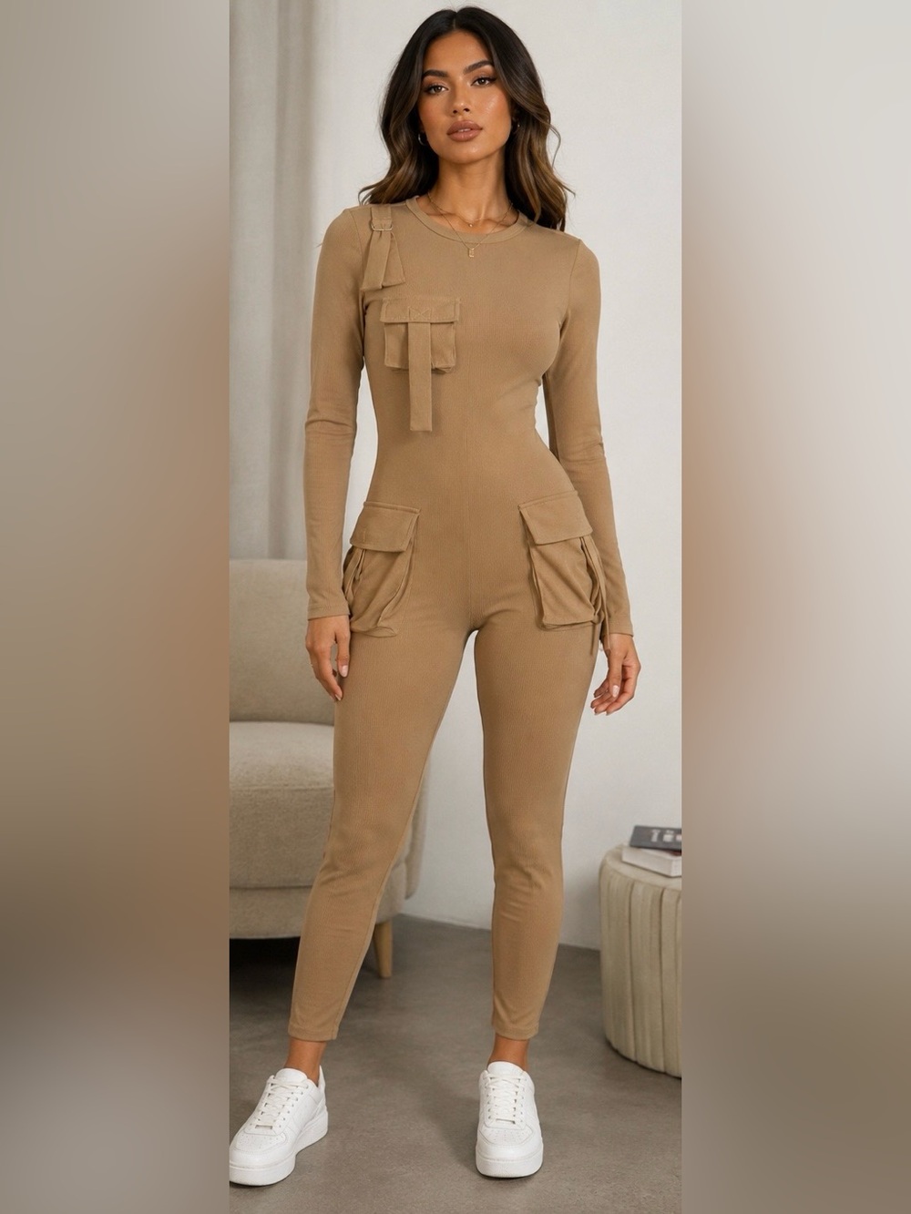 NWT Fashion Nova Maddix Long Sleeve  Jumpsuit Taupe XS Ribbed Utility One Piece